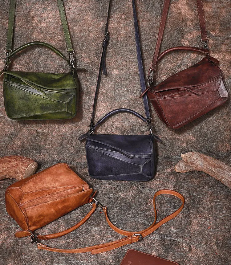 Vintage Leather Womens Cube Shoulder Bag Handmade Geometry Crossbody Purse for Ladies