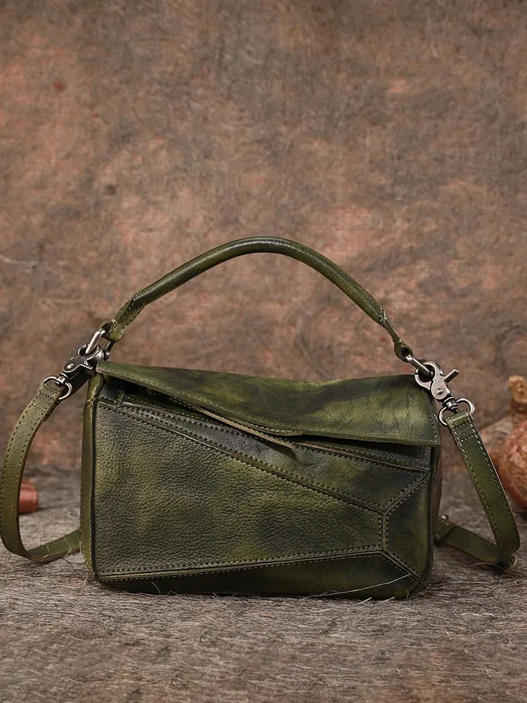 Vintage Leather Womens Cube Shoulder Bag Handmade Geometry Crossbody Purse for Ladies