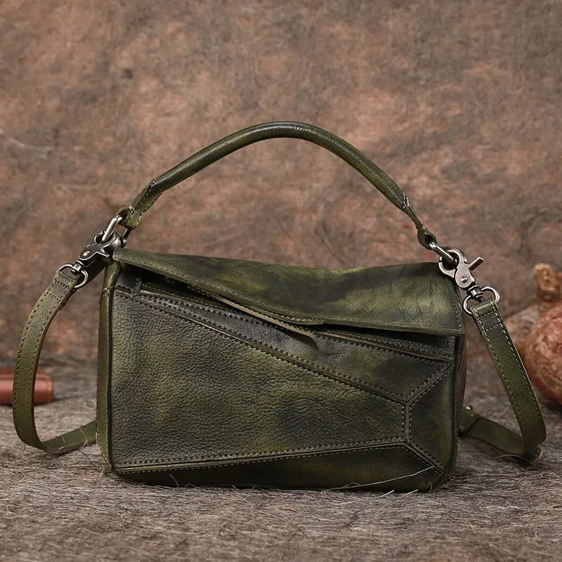 Vintage Leather Womens Cube Shoulder Bag Handmade Geometry Crossbody Purse for Ladies