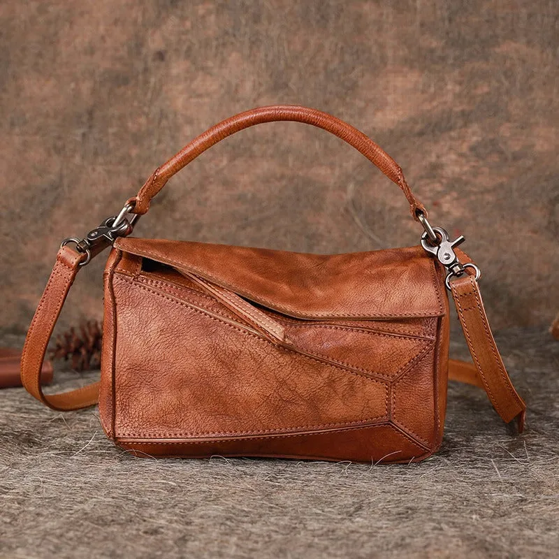 Vintage Leather Womens Cube Shoulder Bag Handmade Geometry Crossbody Purse for Ladies