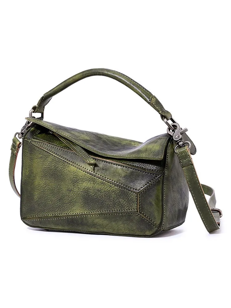 Vintage Leather Womens Cube Shoulder Bag Handmade Geometry Crossbody Purse for Ladies