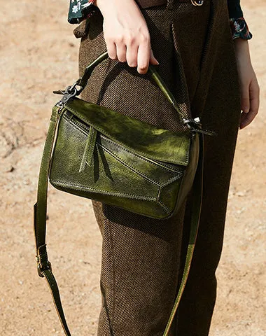 Vintage Leather Womens Cube Shoulder Bag Handmade Geometry Crossbody Purse for Ladies