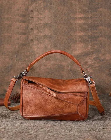 Vintage Leather Womens Cube Shoulder Bag Handmade Geometry Crossbody Purse for Ladies