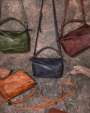 Vintage Leather Womens Cube Shoulder Bag Handmade Geometry Crossbody Purse for Ladies