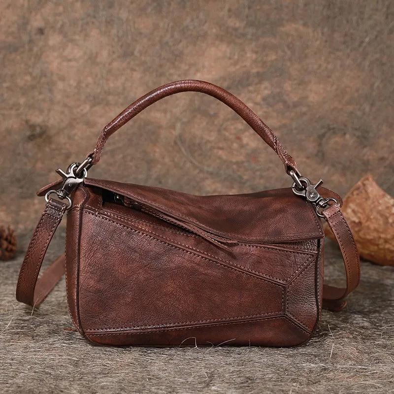 Vintage Leather Womens Cube Shoulder Bag Handmade Geometry Crossbody Purse for Ladies