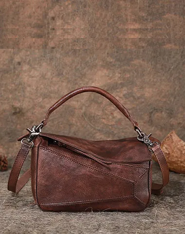Vintage Leather Womens Cube Shoulder Bag Handmade Geometry Crossbody Purse for Ladies