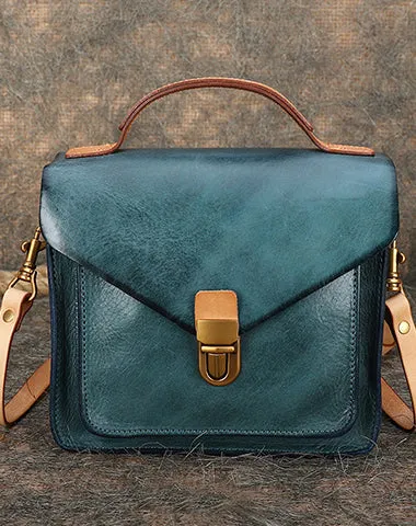 Vintage Leather Womens Square Satchels Shoulder Bags School Crossbody Purse for Women