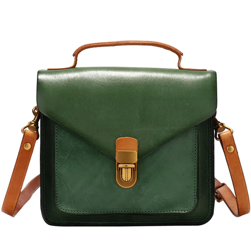 Vintage Leather Womens Square Satchels Shoulder Bags School Crossbody Purse for Women