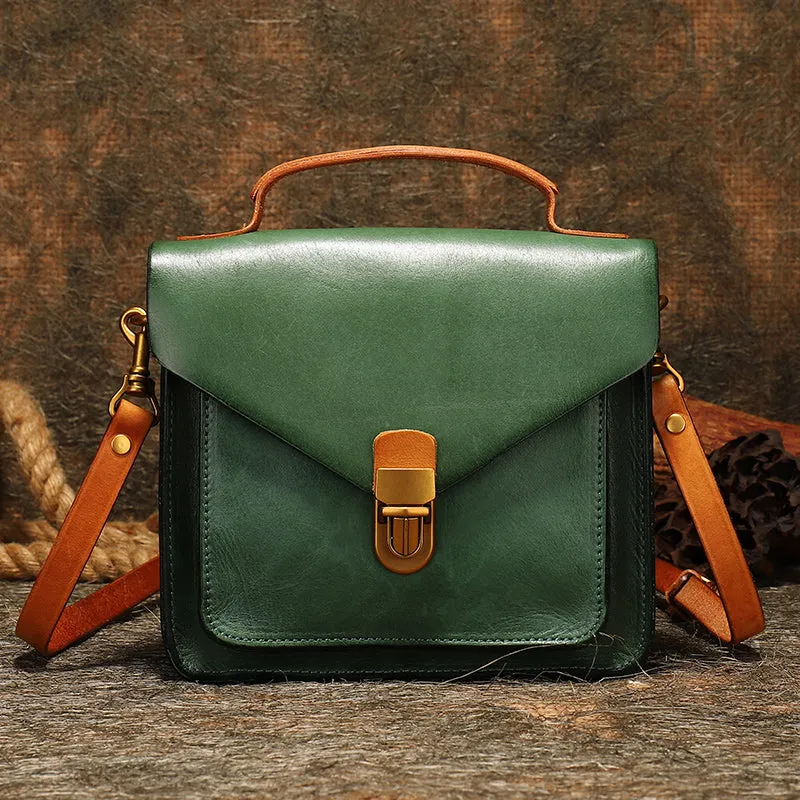 Vintage Leather Womens Square Satchels Shoulder Bags School Crossbody Purse for Women