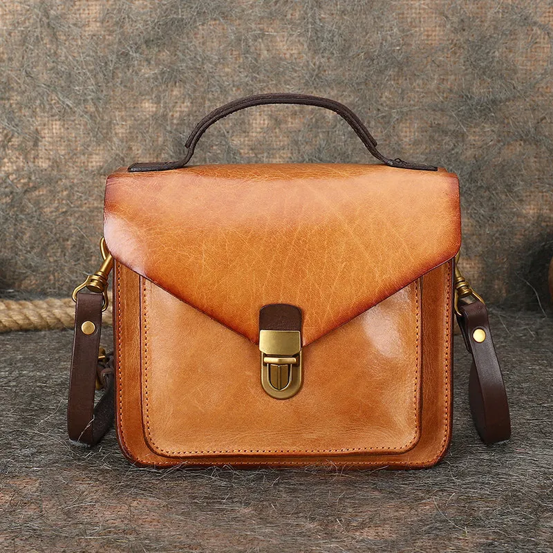 Vintage Leather Womens Square Satchels Shoulder Bags School Crossbody Purse for Women