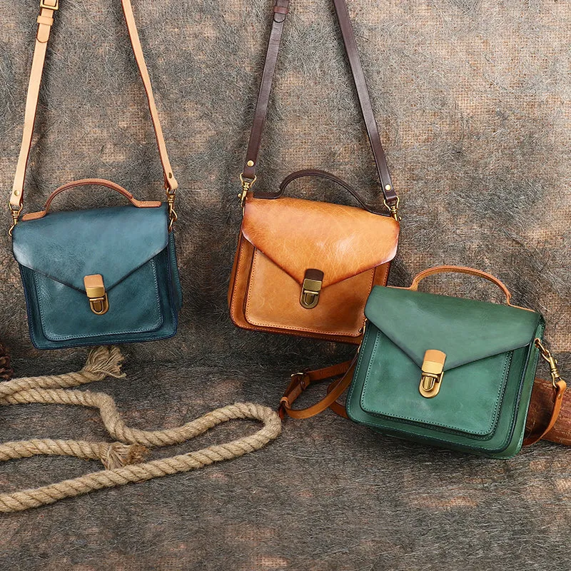 Vintage Leather Womens Square Satchels Shoulder Bags School Crossbody Purse for Women