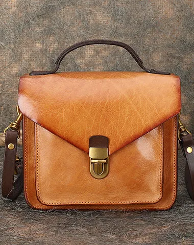 Vintage Leather Womens Square Satchels Shoulder Bags School Crossbody Purse for Women