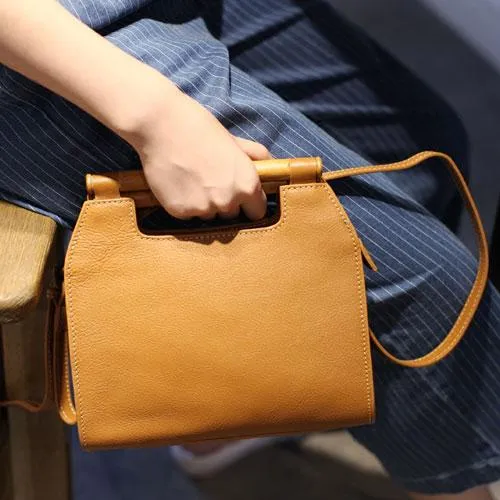 Vintage Tan Leather Womens Wooden Top Handle Satchel Handbag Women's Satchel Shoulder Bag