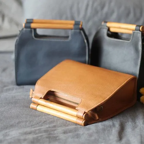 Vintage Tan Leather Womens Wooden Top Handle Satchel Handbag Women's Satchel Shoulder Bag