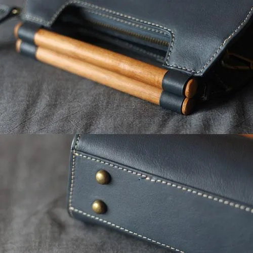 Vintage Tan Leather Womens Wooden Top Handle Satchel Handbag Women's Satchel Shoulder Bag