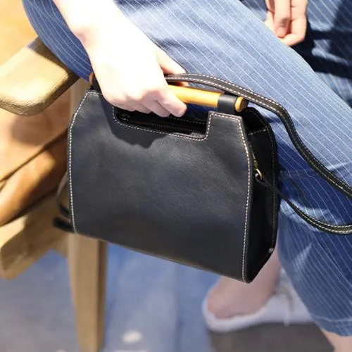 Vintage Tan Leather Womens Wooden Top Handle Satchel Handbag Women's Satchel Shoulder Bag