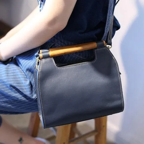 Vintage Tan Leather Womens Wooden Top Handle Satchel Handbag Women's Satchel Shoulder Bag