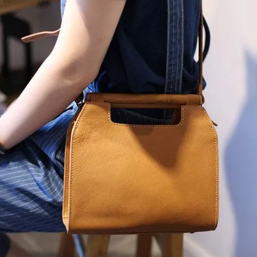Vintage Tan Leather Womens Wooden Top Handle Satchel Handbag Women's Satchel Shoulder Bag