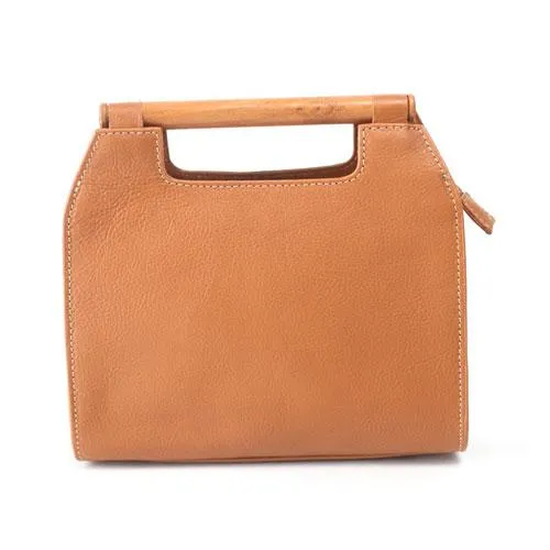 Vintage Tan Leather Womens Wooden Top Handle Satchel Handbag Women's Satchel Shoulder Bag