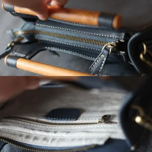 Vintage Tan Leather Womens Wooden Top Handle Satchel Handbag Women's Satchel Shoulder Bag