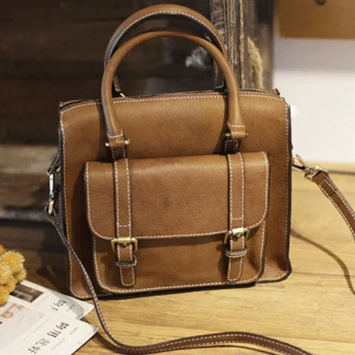 Vintage Womens Black Leather Satchel Handbags Structured Satchel Shoulder Purse School Purse for Ladies