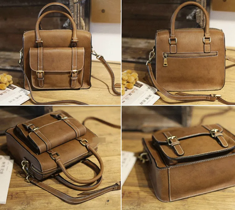 Vintage Womens Black Leather Satchel Handbags Structured Satchel Shoulder Purse School Purse for Ladies