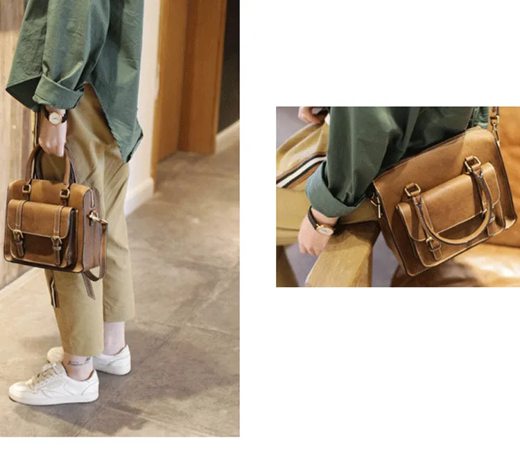 Vintage Womens Black Leather Satchel Handbags Structured Satchel Shoulder Purse School Purse for Ladies