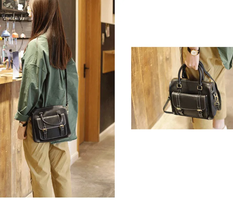 Vintage Womens Black Leather Satchel Handbags Structured Satchel Shoulder Purse School Purse for Ladies