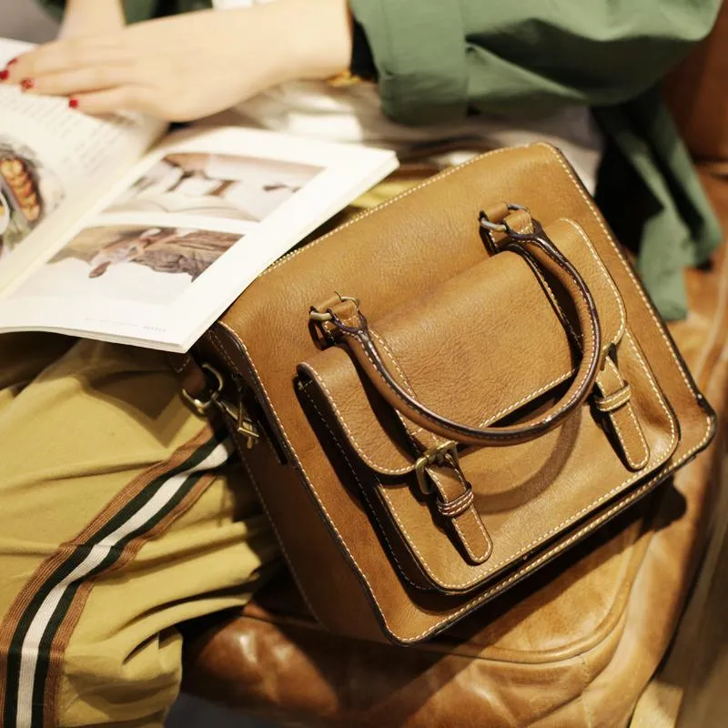 Vintage Womens Black Leather Satchel Handbags Structured Satchel Shoulder Purse School Purse for Ladies