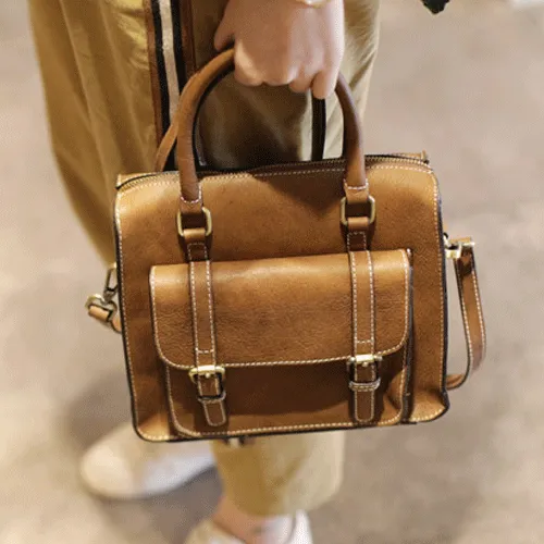 Vintage Womens Black Leather Satchel Handbags Structured Satchel Shoulder Purse School Purse for Ladies