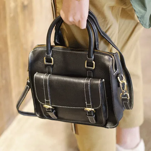 Vintage Womens Black Leather Satchel Handbags Structured Satchel Shoulder Purse School Purse for Ladies