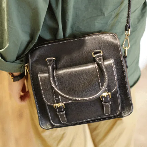 Vintage Womens Black Leather Satchel Handbags Structured Satchel Shoulder Purse School Purse for Ladies