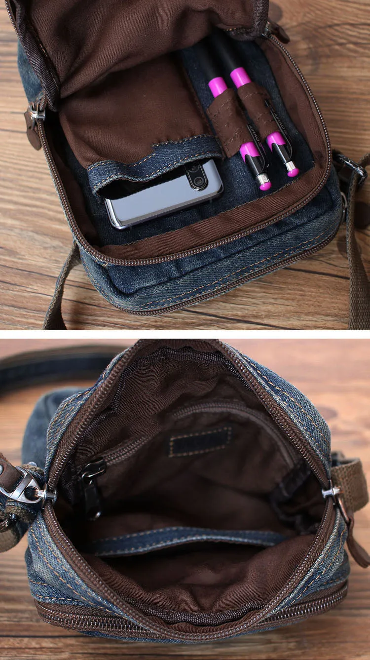 Vintage Womens Blue Denim Vertical Side Bags Denim School Shoulder Purse for Women