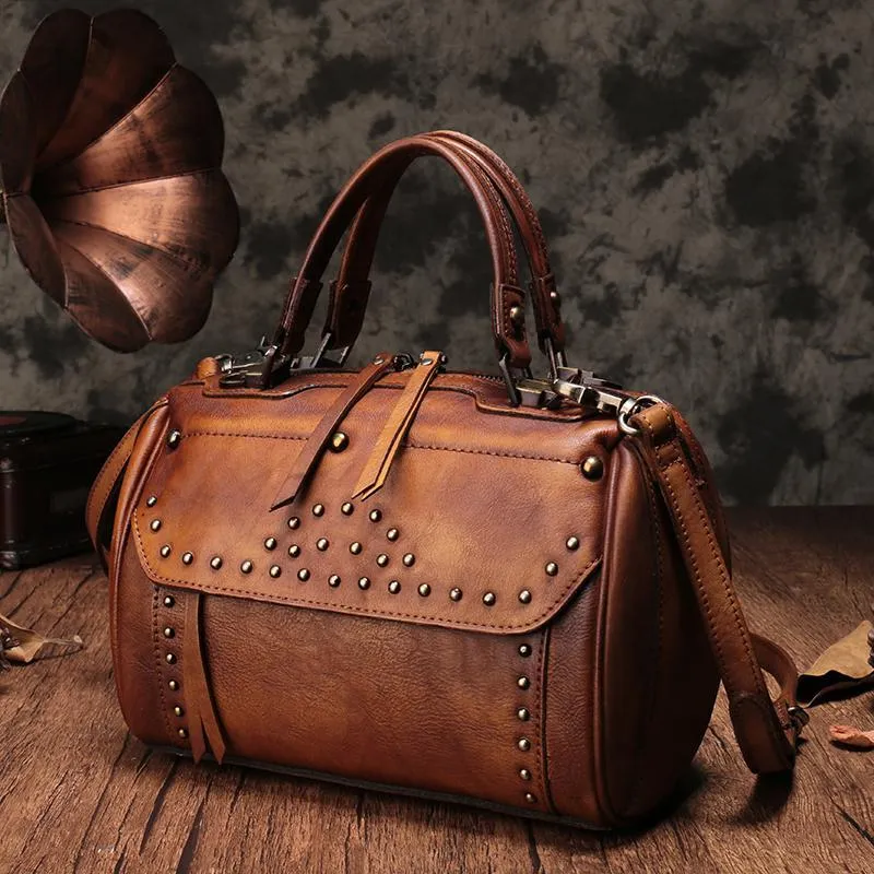 Vintage WOmens Green Leather Handbags Studded Work Bag Vintage Leather Shoulder Purses