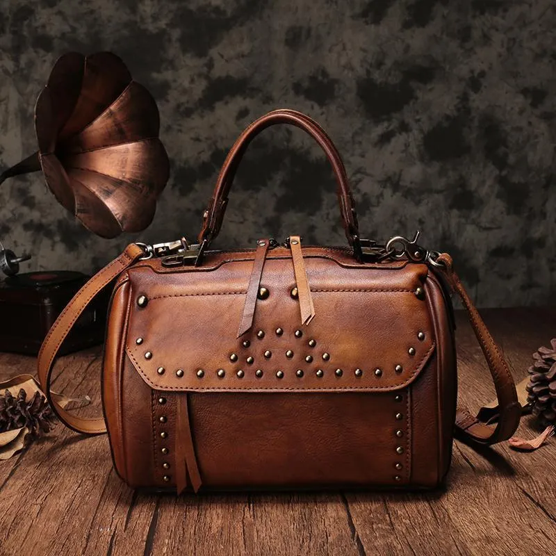 Vintage WOmens Green Leather Handbags Studded Work Bag Vintage Leather Shoulder Purses