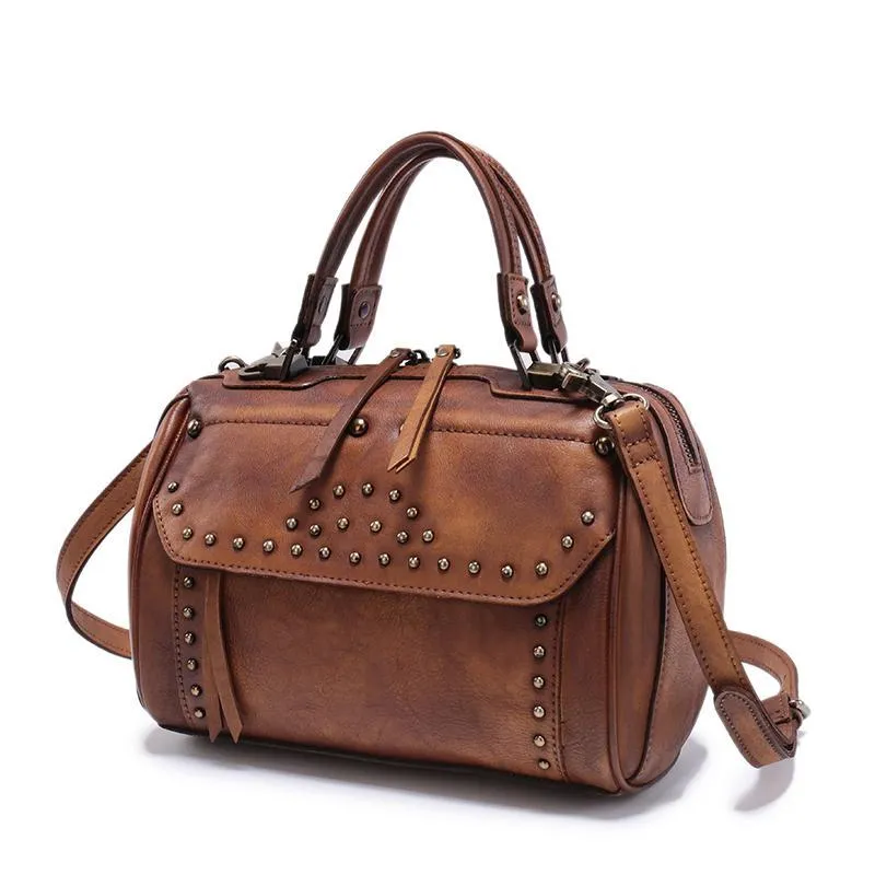 Vintage WOmens Green Leather Handbags Studded Work Bag Vintage Leather Shoulder Purses
