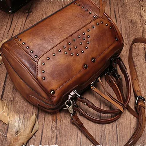 Vintage WOmens Green Leather Handbags Studded Work Bag Vintage Leather Shoulder Purses