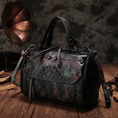 Vintage WOmens Green Leather Handbags Studded Work Bag Vintage Leather Shoulder Purses