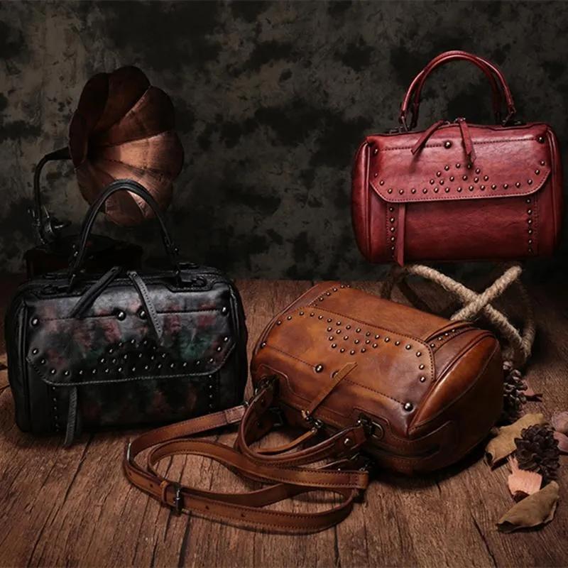 Vintage WOmens Green Leather Handbags Studded Work Bag Vintage Leather Shoulder Purses