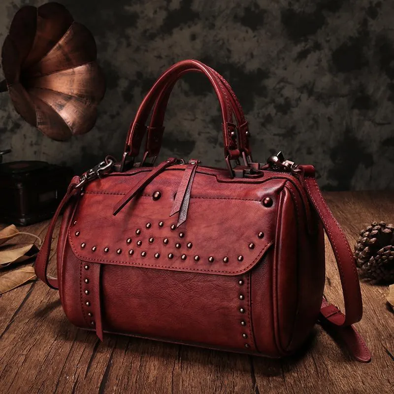 Vintage WOmens Green Leather Handbags Studded Work Bag Vintage Leather Shoulder Purses