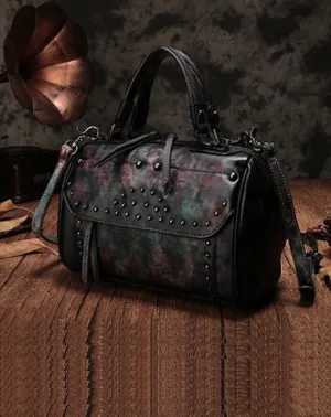Vintage WOmens Green Leather Handbags Studded Work Bag Vintage Leather Shoulder Purses