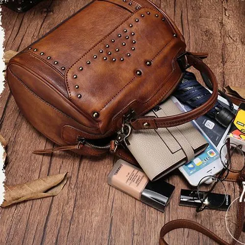 Vintage WOmens Green Leather Handbags Studded Work Bag Vintage Leather Shoulder Purses