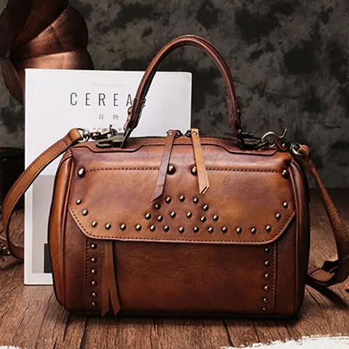 Vintage WOmens Green Leather Handbags Studded Work Bag Vintage Leather Shoulder Purses