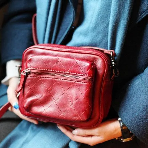 Vintage Womens Leather Red MIni Satchel Shoulder Bag Leather Square Crossbody Bag Purse