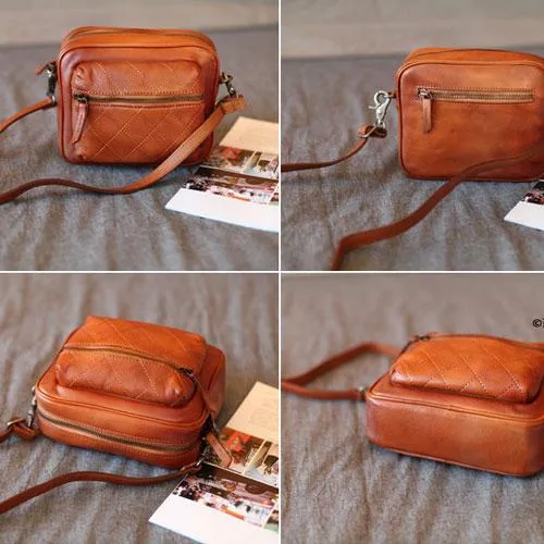 Vintage Womens Leather Red MIni Satchel Shoulder Bag Leather Square Crossbody Bag Purse