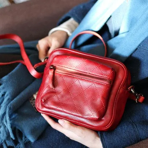 Vintage Womens Leather Red MIni Satchel Shoulder Bag Leather Square Crossbody Bag Purse