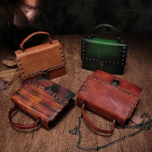 Vintage Womens Red Leather Handbags Purse Satchel Handbags Shoulder Crossbody Bags for Ladies