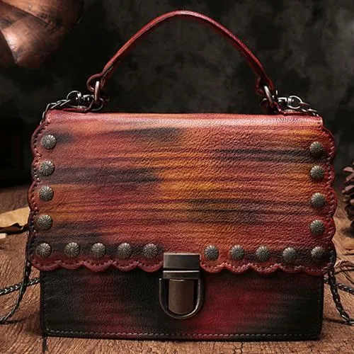 Vintage Womens Red Leather Handbags Purse Satchel Handbags Shoulder Crossbody Bags for Ladies