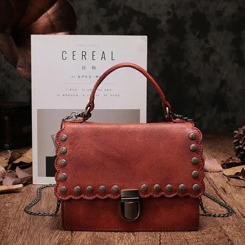 Vintage Womens Red Leather Handbags Purse Satchel Handbags Shoulder Crossbody Bags for Ladies