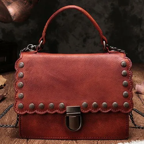 Vintage Womens Red Leather Handbags Purse Satchel Handbags Shoulder Crossbody Bags for Ladies